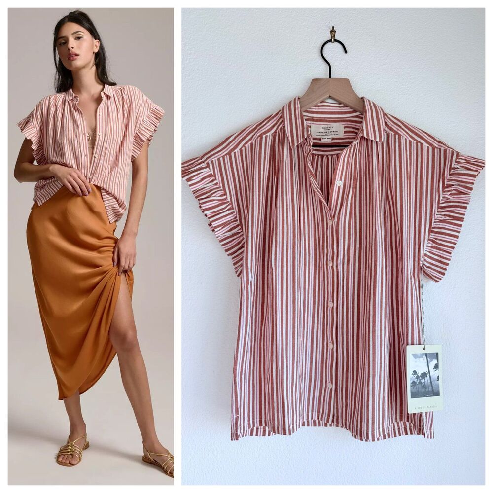 NEW Trovata Birds of Paradis Maryanne B Ruffle Sleeve Blouse in Tanner Stripe XS